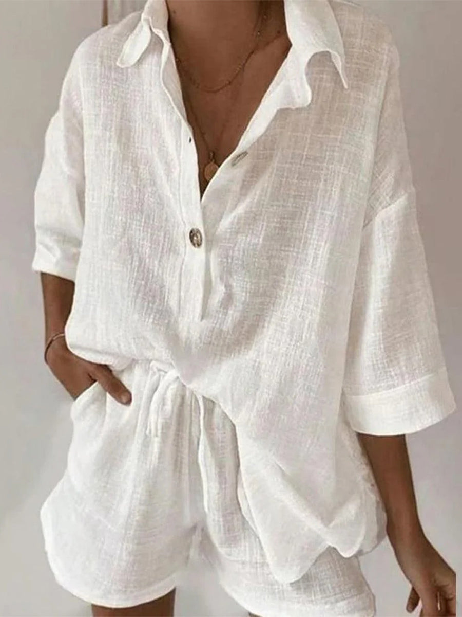 White Plain Short Sleeve Two Piece Set
