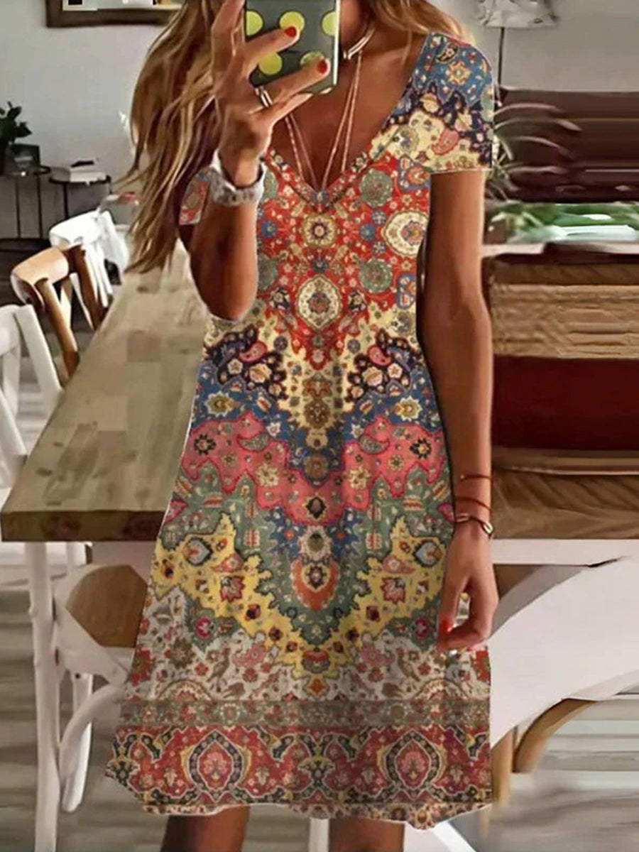 LilyWish Colourful Ethnic Print V-neck Short Sleeve Dress