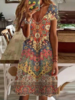 LilyWish Colourful Ethnic Print V-neck Short Sleeve Dress