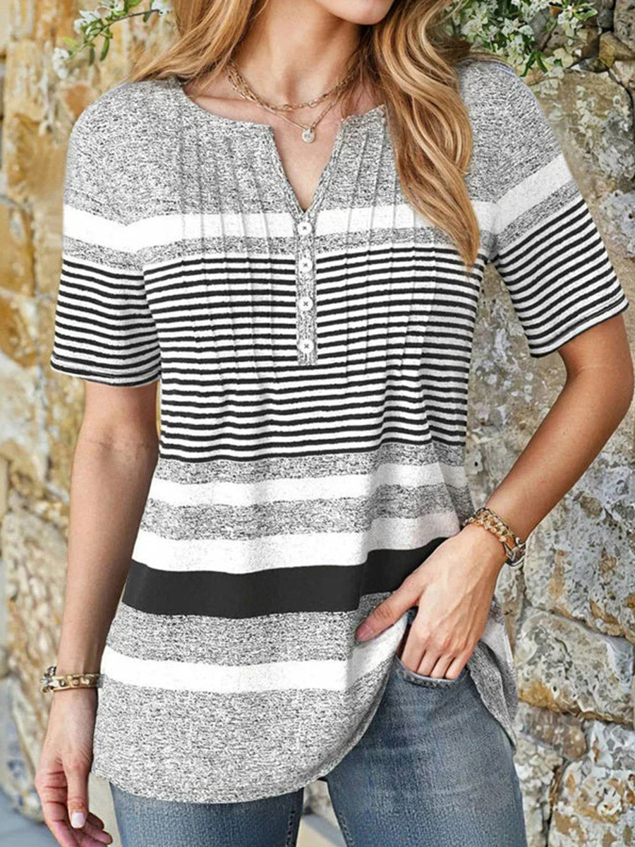 LilyWish Casual Striped V-neck Short Sleeve Blouse