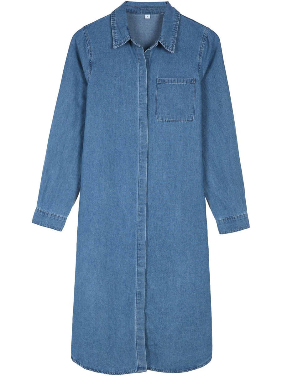 Oversized Chambray Denim Button Front Blouse Midi Dress
