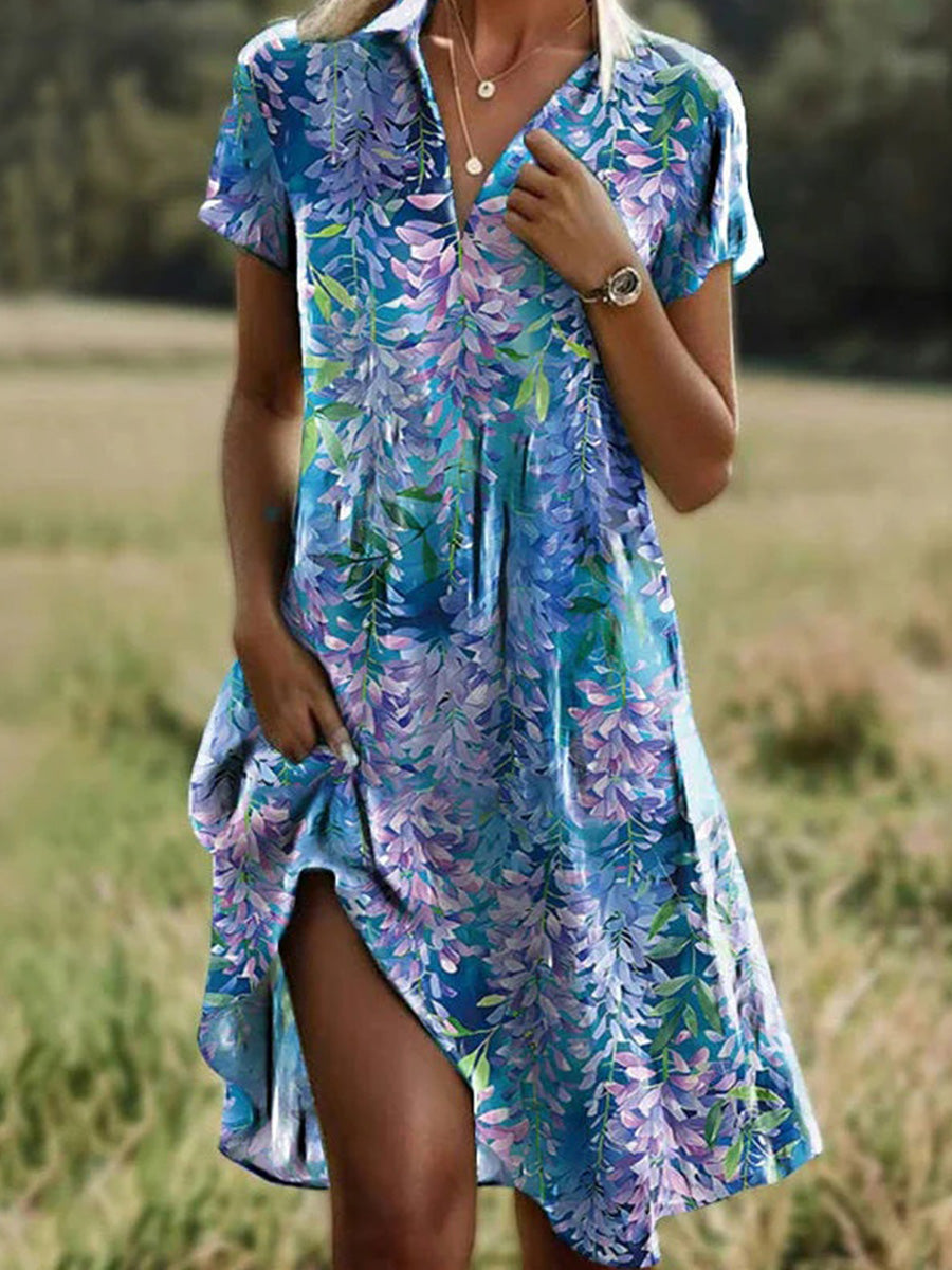 LilyWish Vintage Leaf Print Short Sleeve Dress