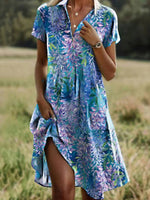 LilyWish Vintage Leaf Print Short Sleeve Dress