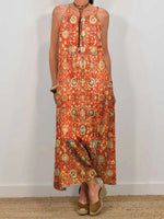 LilyWish Women's Bohemian Ethnic Art Print Sleeveless Pocket Dress