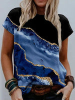 Blue Casual Round Neck Short Sleeve Marble Printed Blouse
