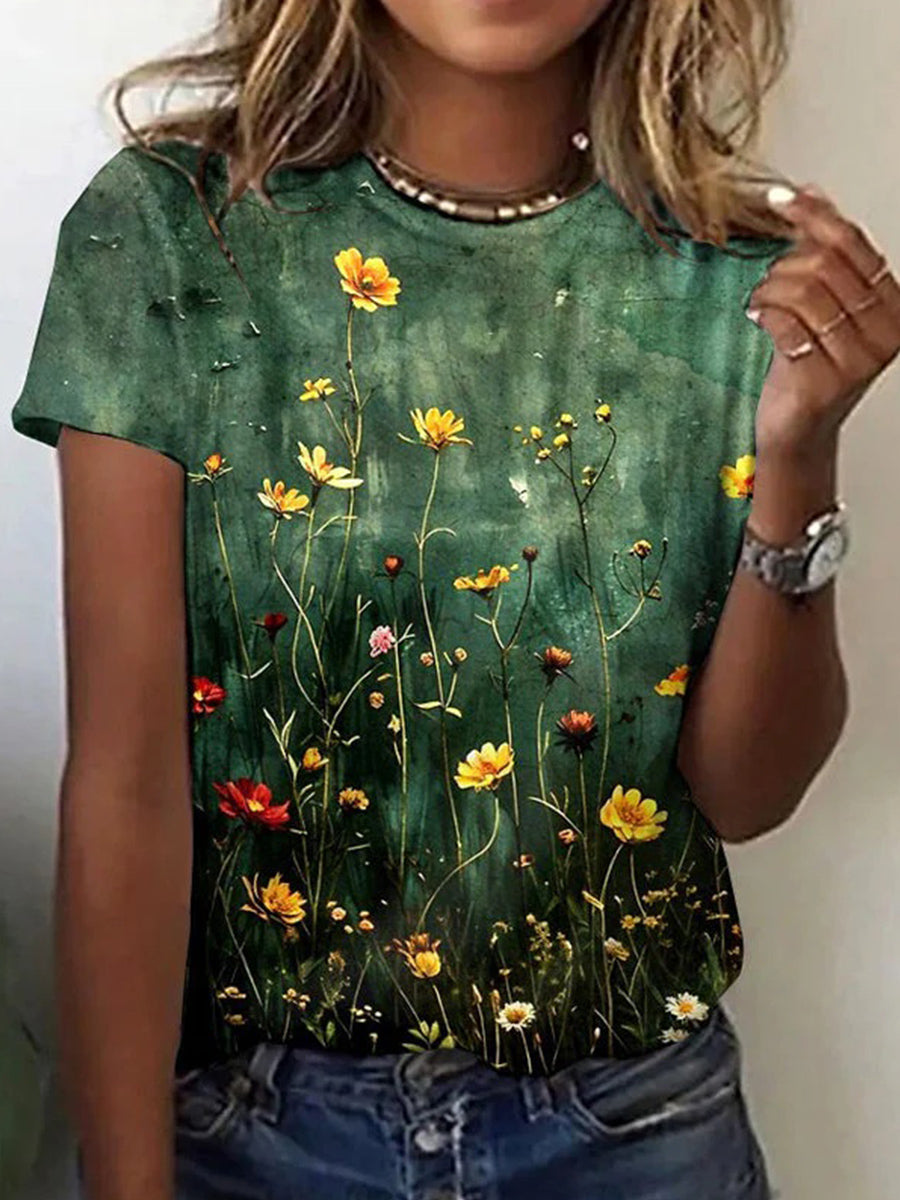 LilyWish Vintage Floral Print Round Neck Short Sleeve T-Shirt