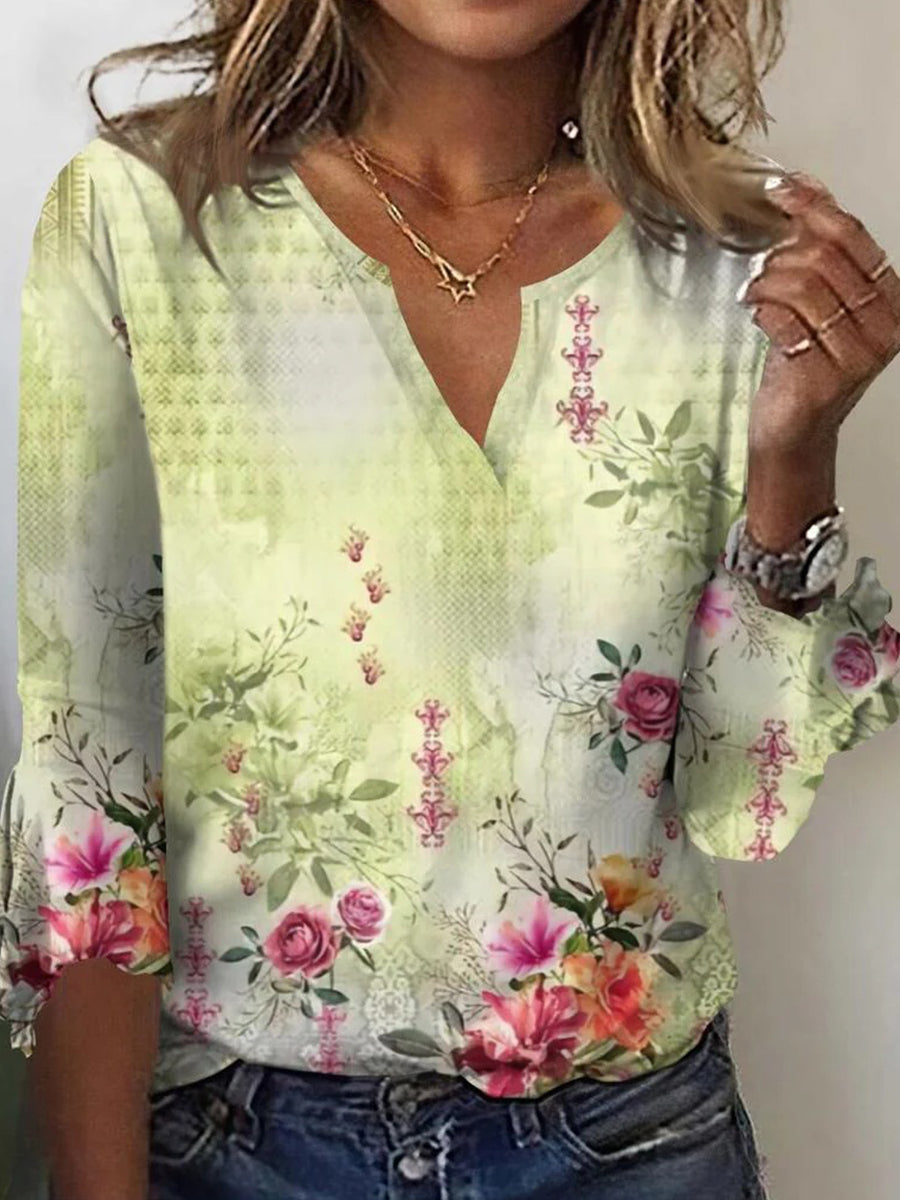 LilyWish Romantic Floral Print V-neck 3/4 Sleeve Top