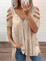 Khaki Casual V-neck Short Sleeve Heart Printed Blouse