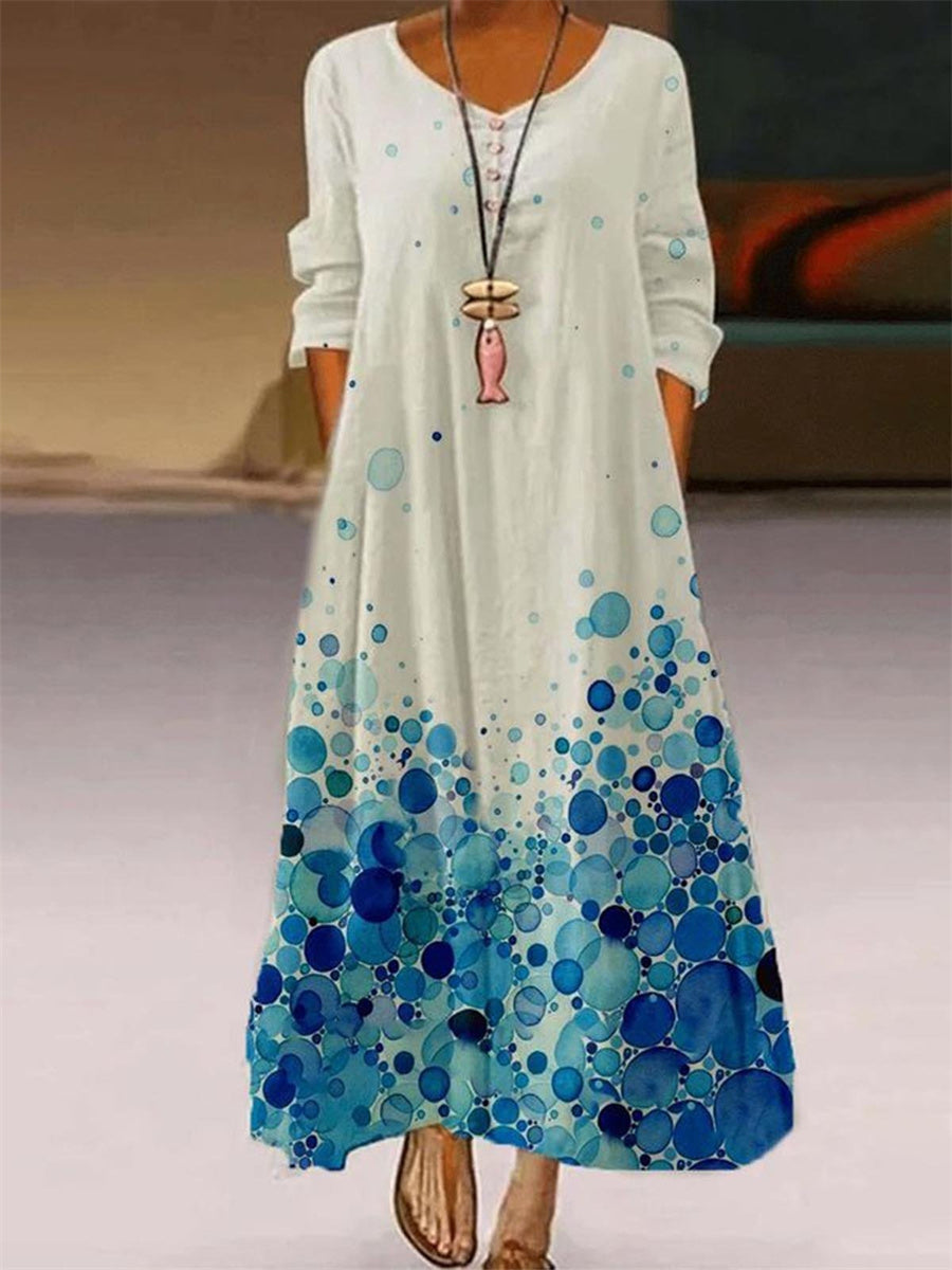A-Line Floral Print V Neck Long Sleeve Maxi Dress