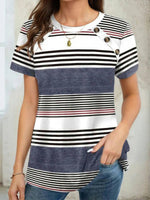 LilyWish Vintage Striped Round Neck Short Sleeve Blouse