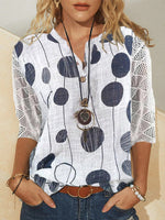 White Casual V Neck Polka Dots Printed Half Sleeve Blouse