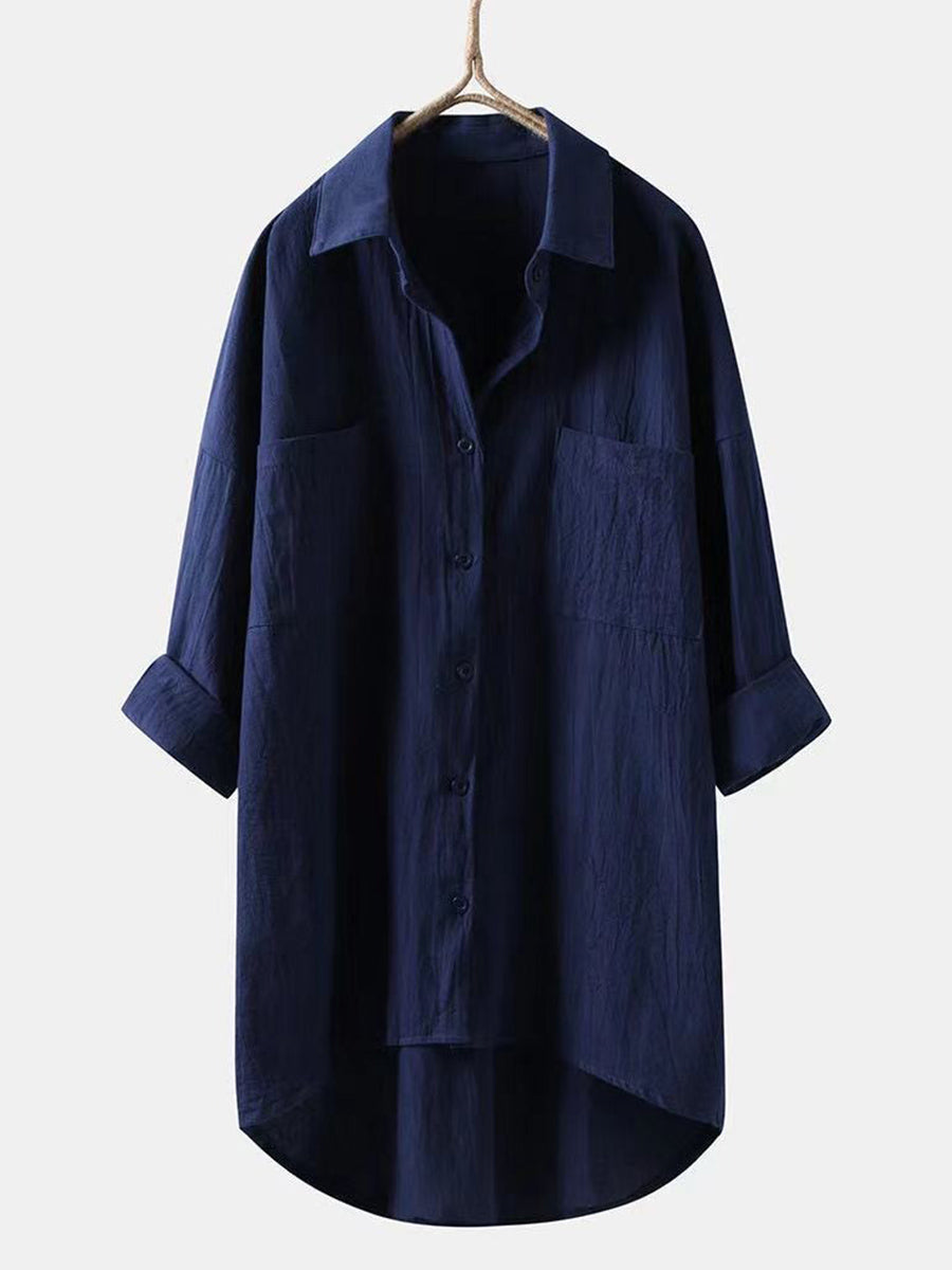 LilyWish Solid Cotton Linen V Neck Loose Top