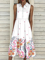 Women Sleeveless Lapel Floral Printed Graphic Button Pockets Maxi Dress