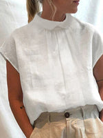 LilyWish White Casual Stand-up Collar Solid Short Sleeve Blouse