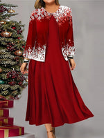 Snowflake Print Crew Neck Long Sleeve Two Piece Dress