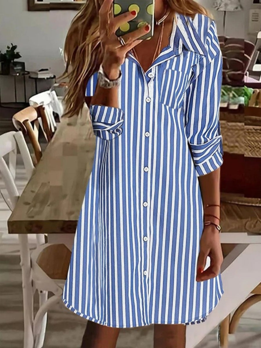 LilyWish Women's Shirt Collar Striped Casual Dress
