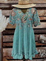 LilyWish Vintage Ethnic Print Round Neck Short Sleeve Dress