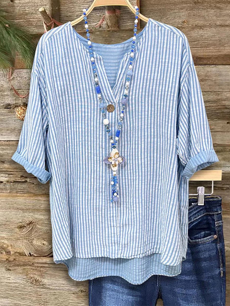 Blue V-neck Half Sleeve Striped Print Top