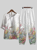 White Casual Round Neck Floral Printed Half Sleeve Two Piece Sets