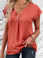 Button Coral V Neck Short Sleeve Blouse
