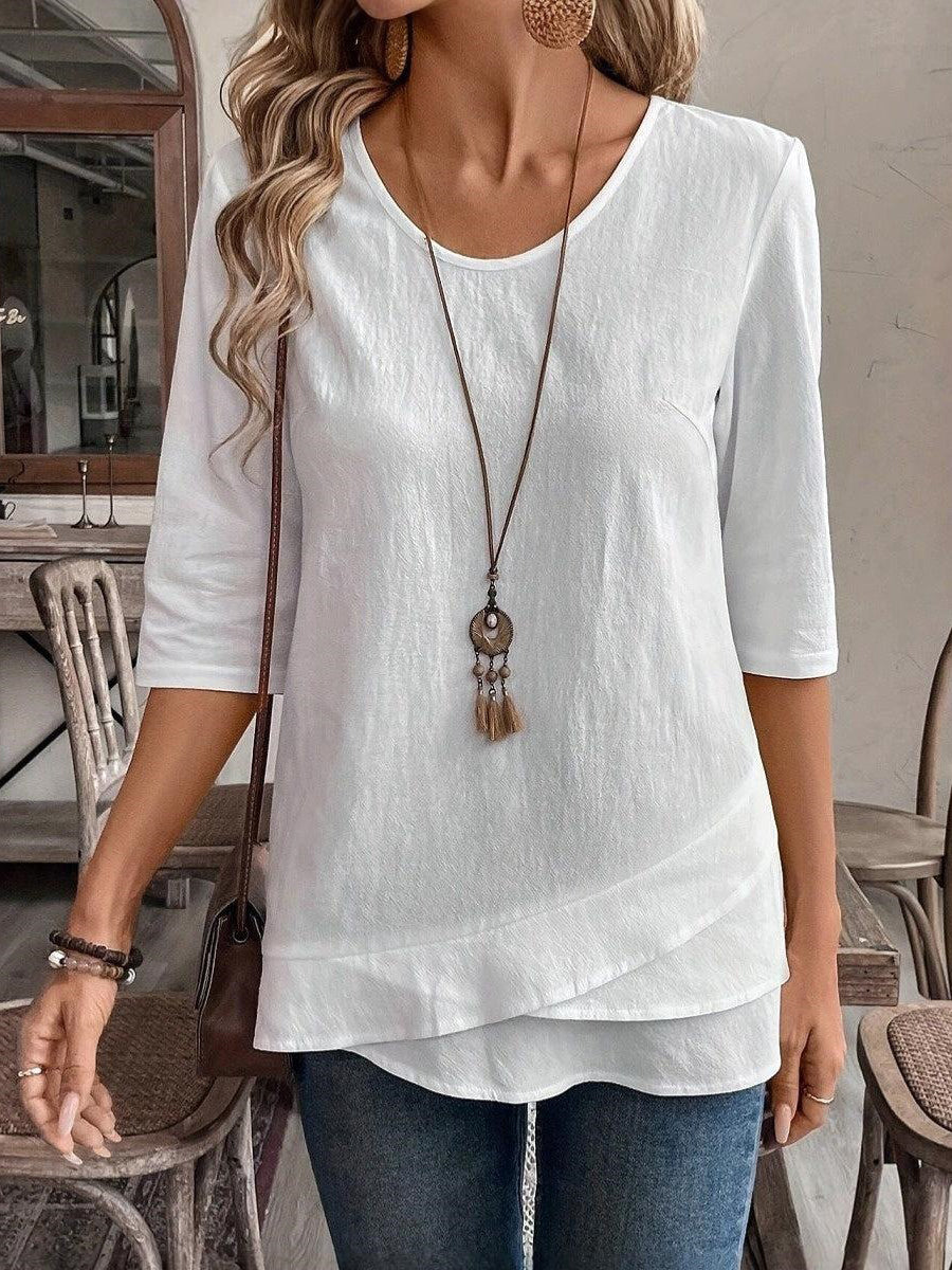 LilyWish Simple White Plain Round Neck Top