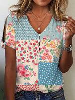 LilyWish Vintage Floral Print Patchwork Blouse