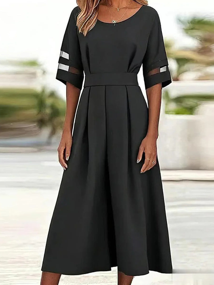 Unique Round Neck Half Sleeve Black Plain Midi Dress