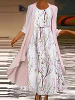 LilyWish Sweet Pink Floral Print Round Neck 3/4 Sleeve Maxi Dress With Outerwear