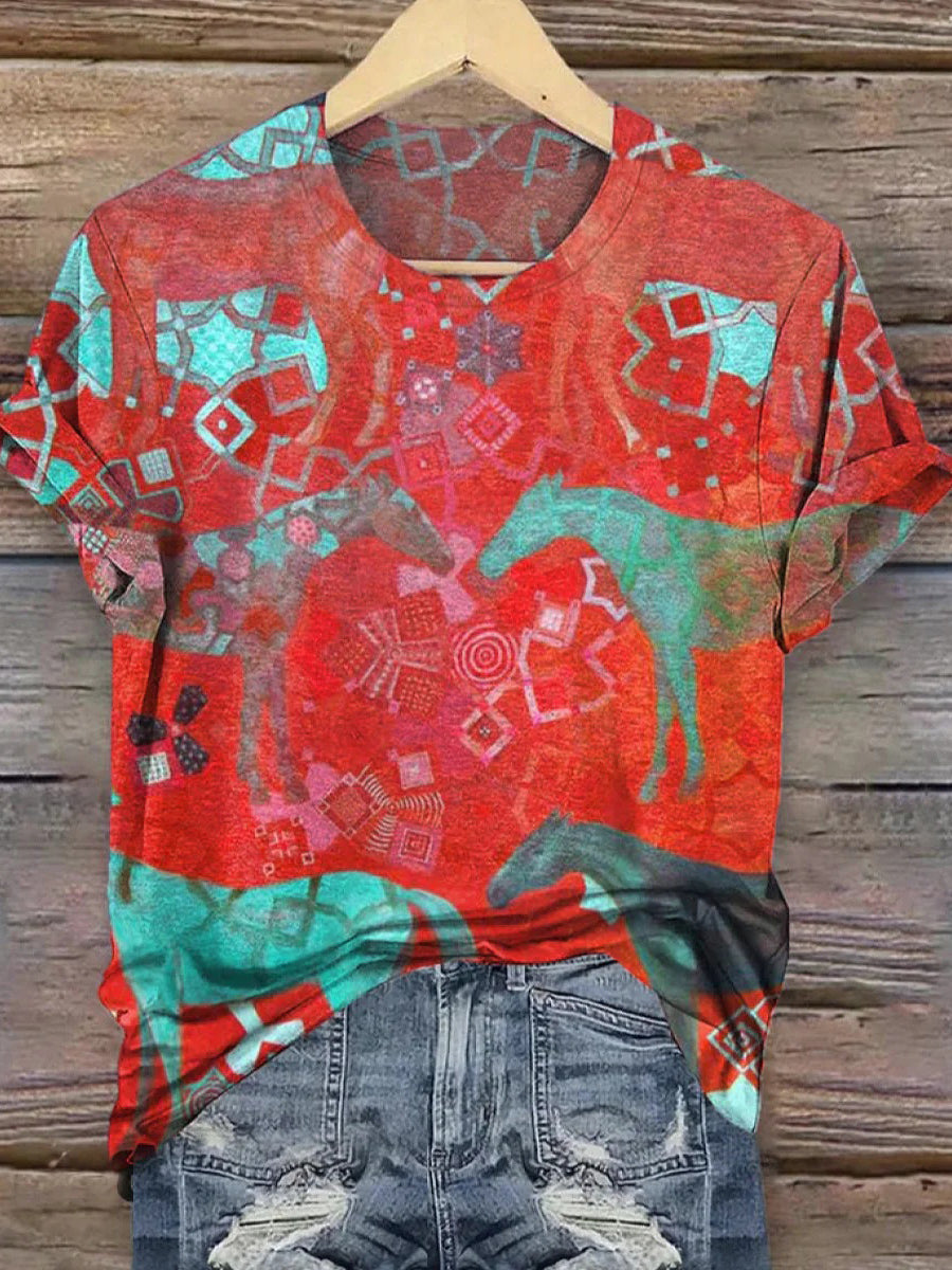 LilyWish Showy Red Round Neck Short Sleeve Top