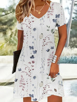 LilyWish Popular Plant Print V-neck Short Sleeve Mini Dress