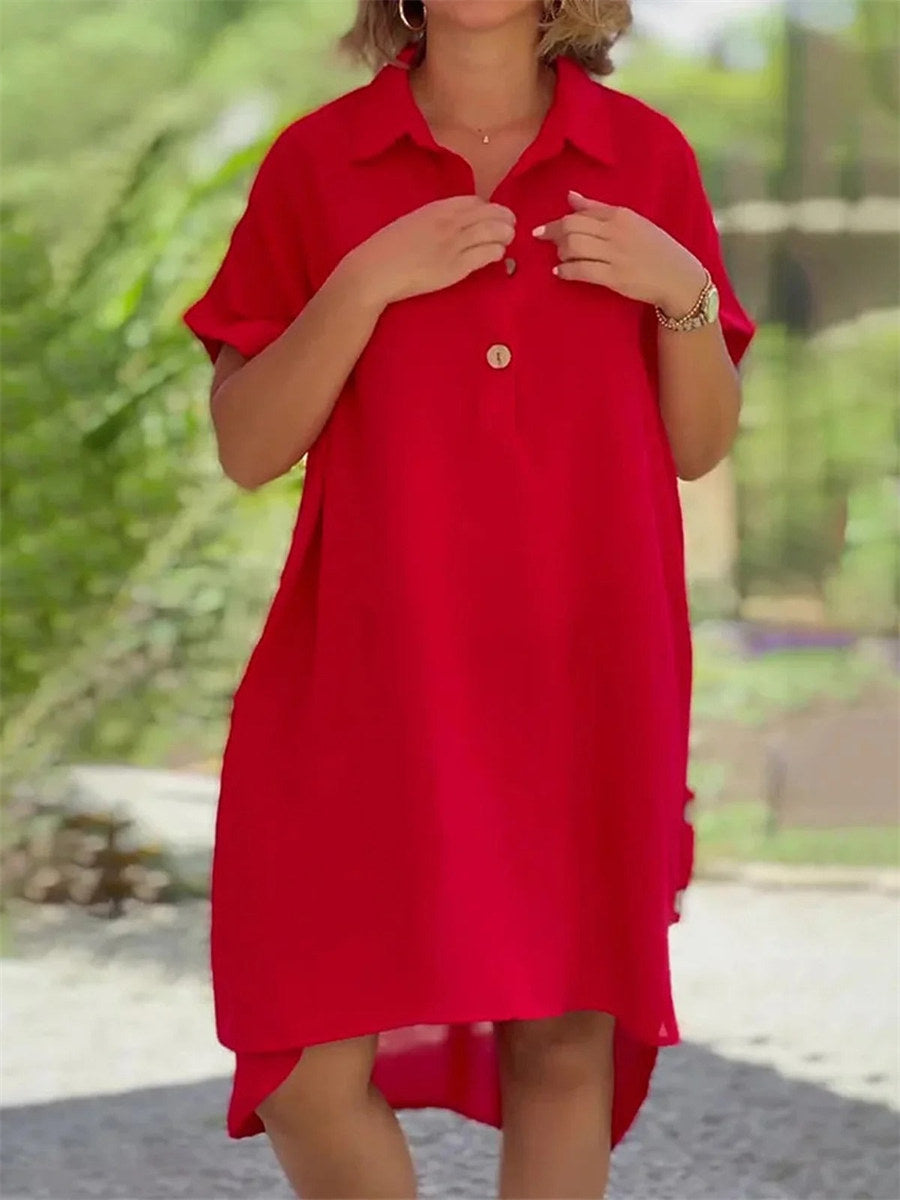 Plain Lapel Short Sleeve Casual Comfy Midi Dress