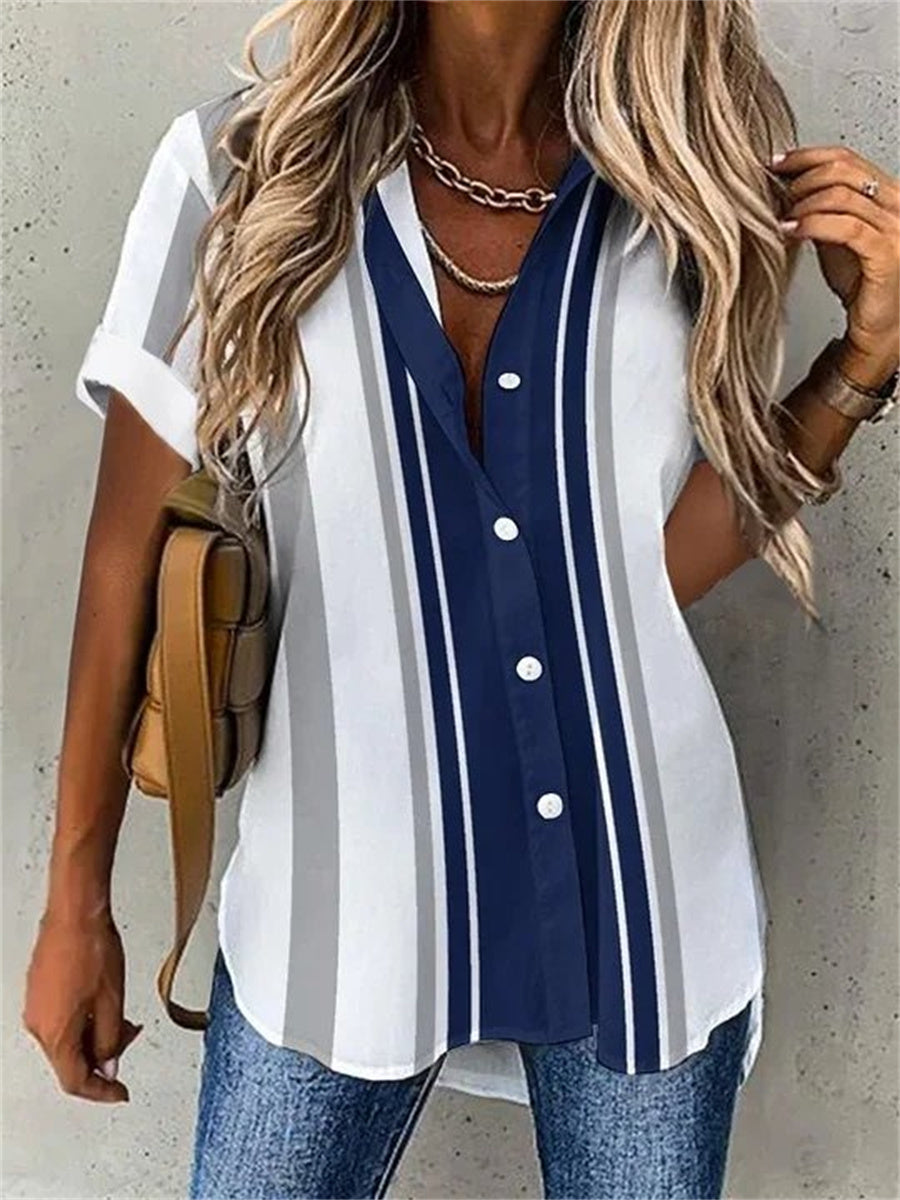 Blue Stripped Loose V Neck Shirt