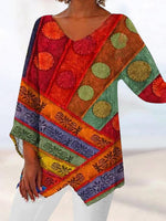 LilyWish Red Showy Patchwork Long Sleeve Blouse