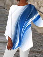 Blue Casual Round Neck Printed Long Sleeve Blouse