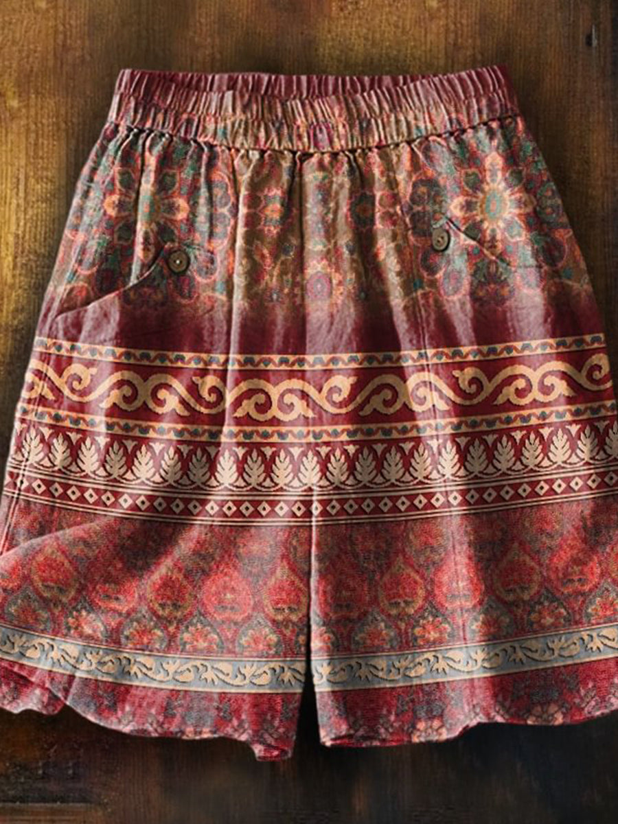 LilyWish Women's Bohemian Floral Collage Art Printed Casual Pocket Shorts