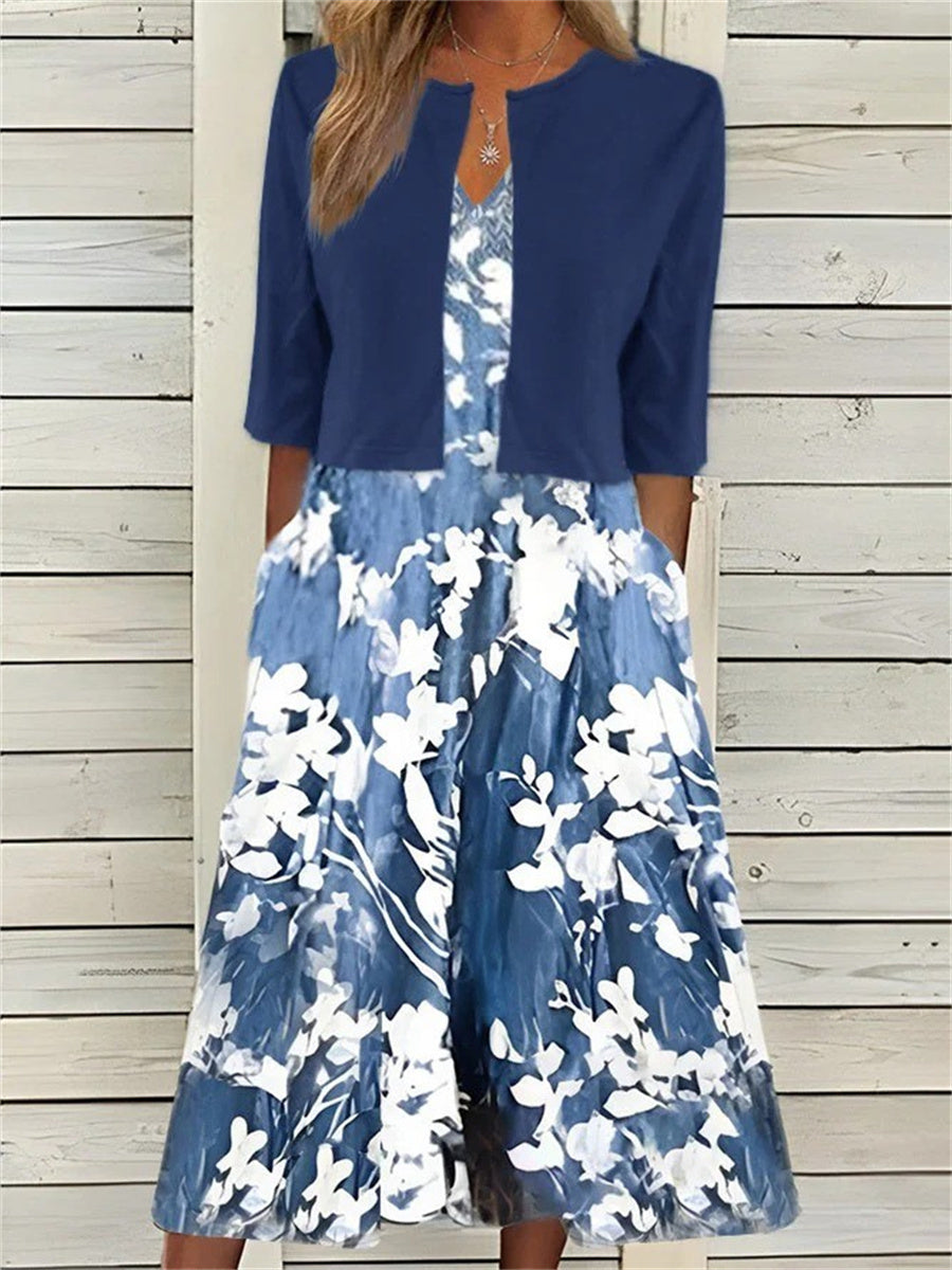 LilyWish Floral Printed Crew Neck Half Sleeve Casual Two Piece Midi Dress