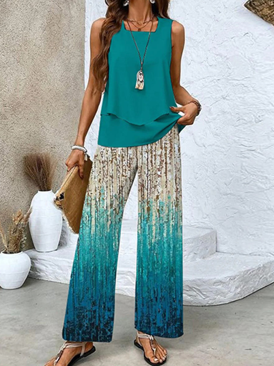 Blue Square Neck Sleeveless Two Piece Set