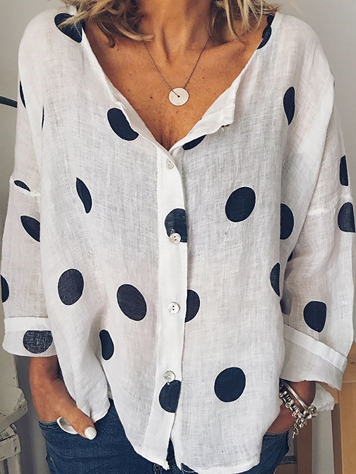Polka Dot Print Buttoned Long Sleeve Casual Blouse