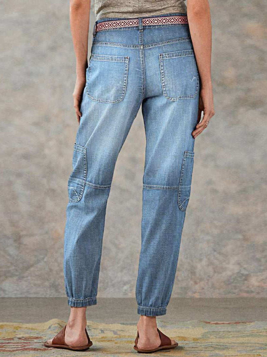Multi Pocket Button Fly Mid Rise Straight Leg Jeans Without Belt