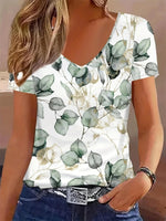 LilyWish Women Floral Print V-neck Short Sleeve T-shirt