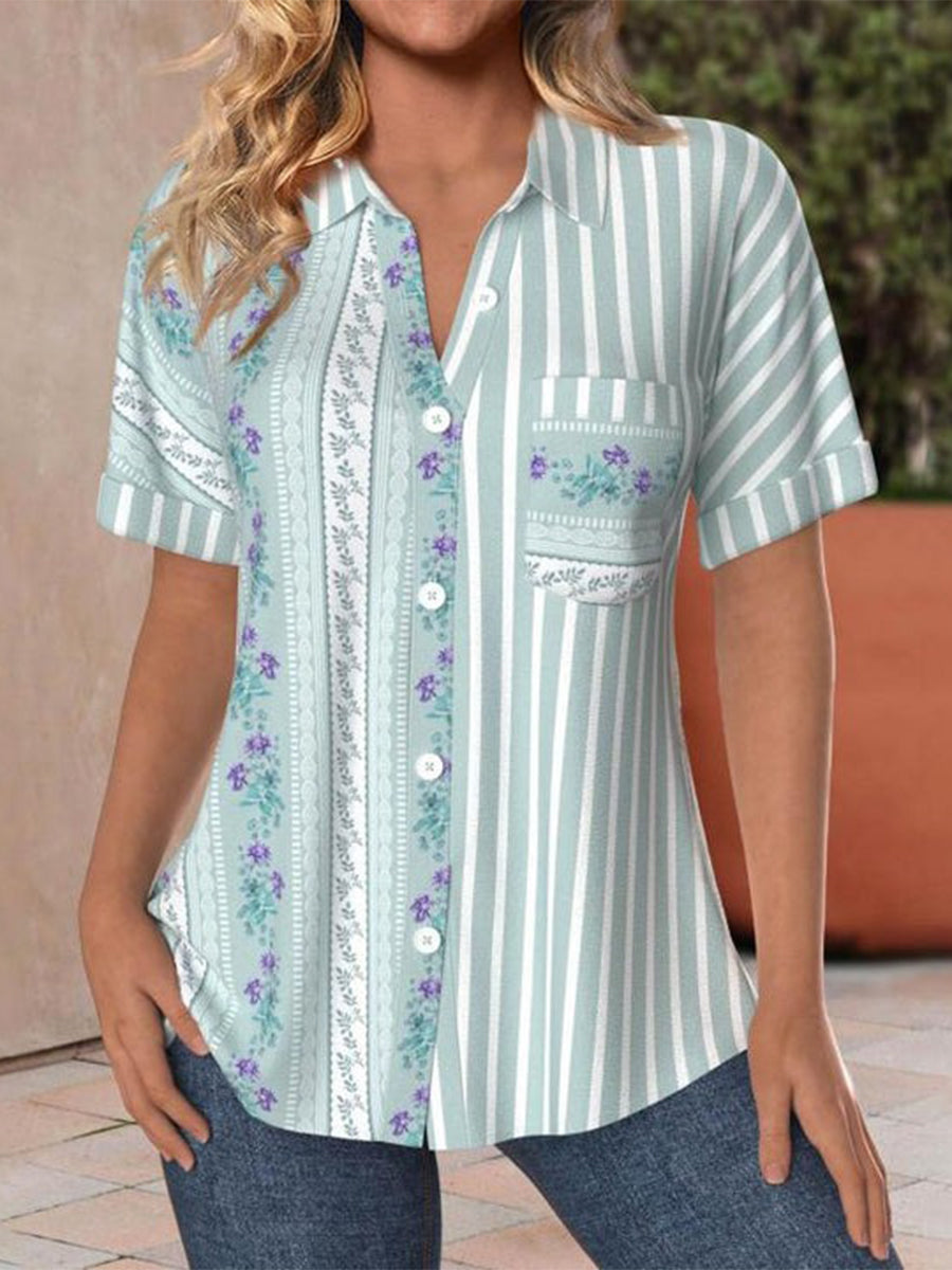 LilyWish Floral Print Striped Blouse