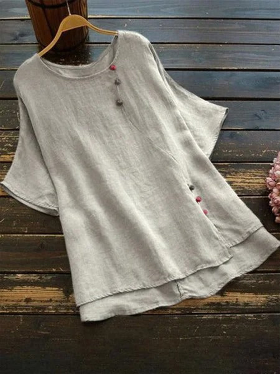 LilyWish Regular Solid Buttoned Crew Neck Short Sleeve T-Shirt