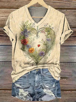 LilyWish Vintage Floral Print V-neck Short Sleeve T-Shirt