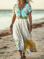 LilyWish Vintage Floral Print V-neck Short Sleeve Dress