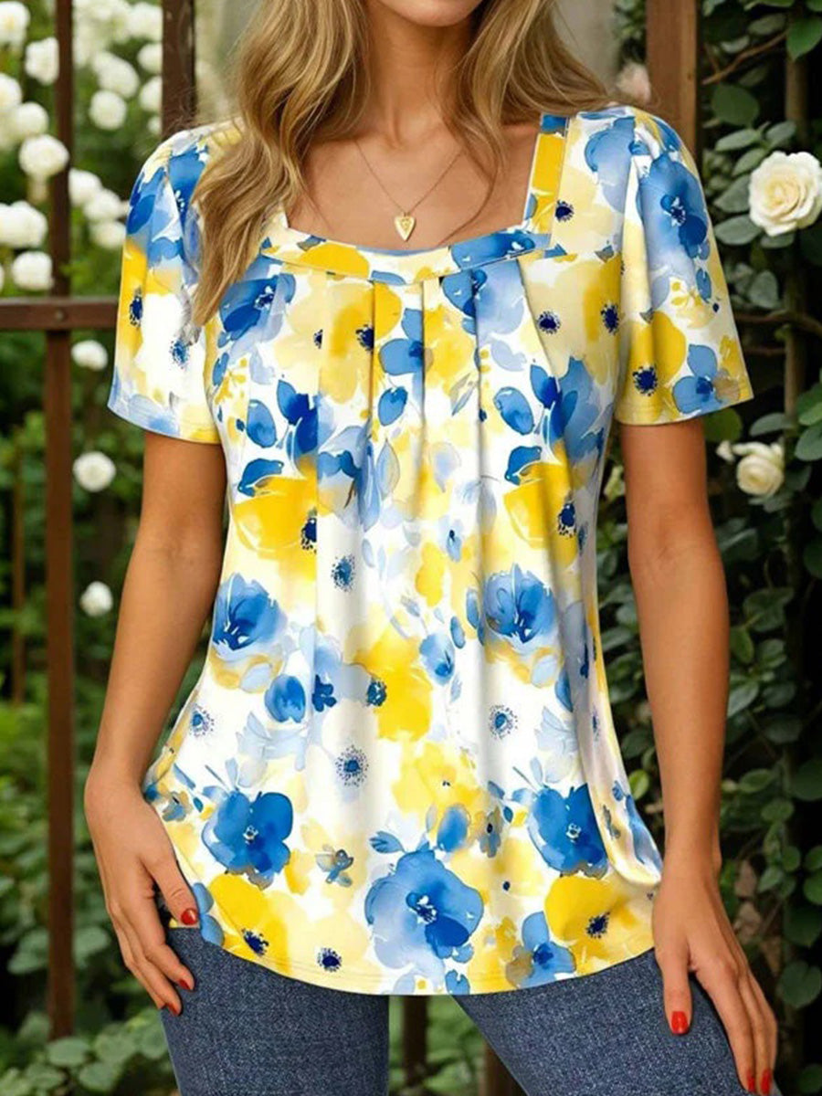 LilyWish Vintage Floral Square Neck Short Sleeve Print Blouse