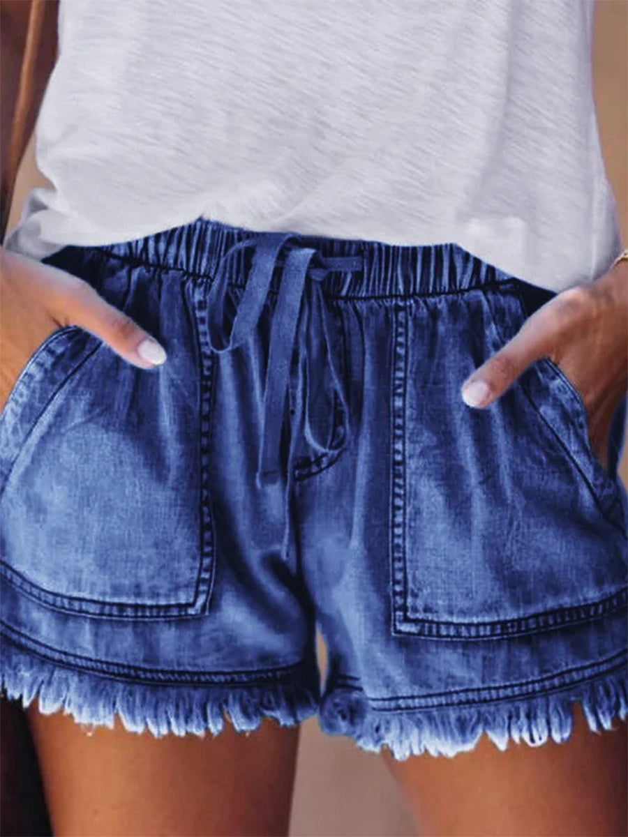 Casual Drawstring High Waisted Denim Fringed Shorts