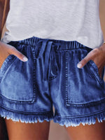 Casual Drawstring High Waisted Denim Fringed Shorts