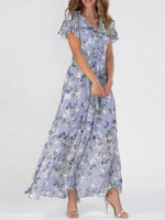 Elegant Floral Print V-neck Short Sleeve Maxi Dress