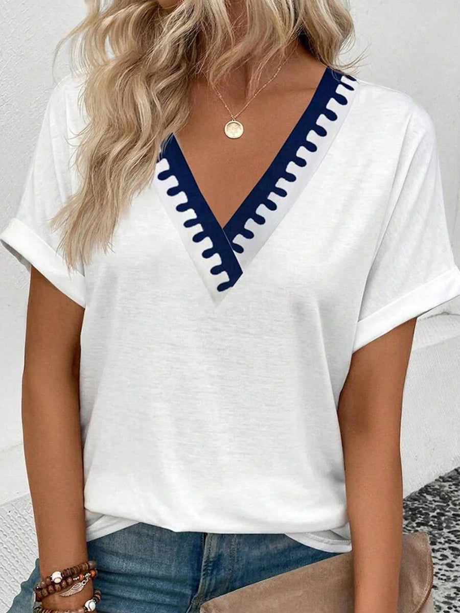 LilyWish Special V-Neck Short Sleeve White Top