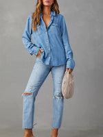 LilyWish Spring Collar Denim Long Sleeve Abstract Regular Loose Blouse